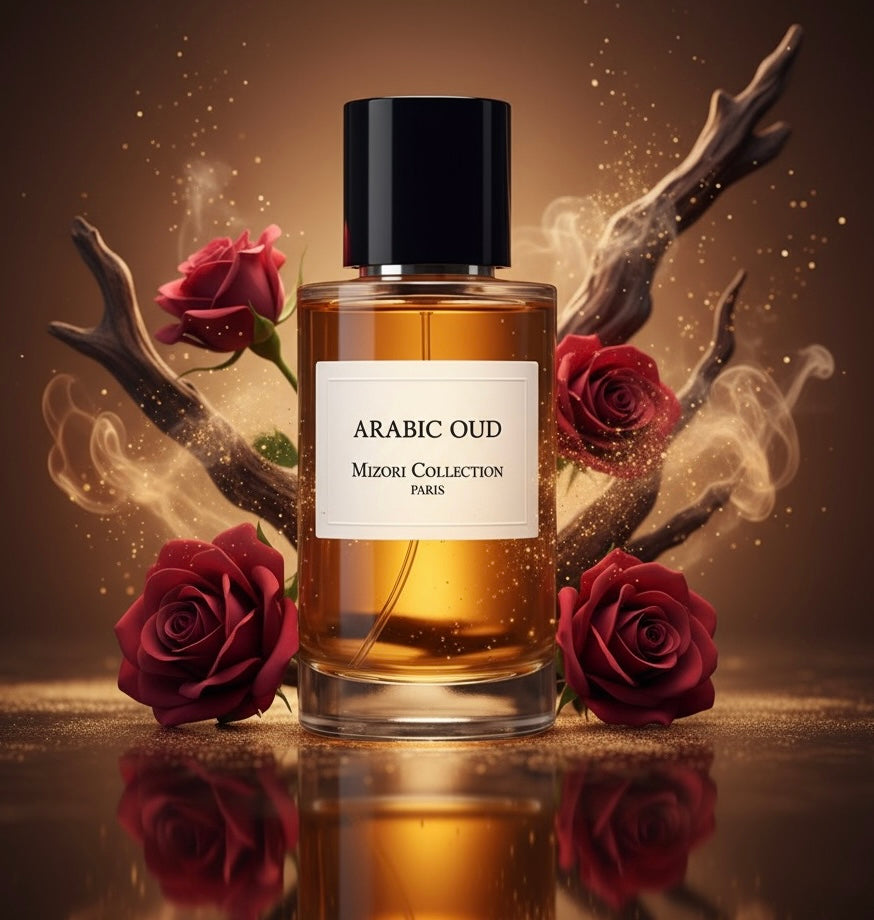 Arabic Oud perfume by Mizori Collection Paris 50ml unisex Eau de Parfum with deep oriental oud, warm amber and woody notes, luxury fragrance bottle with ingredients and effects