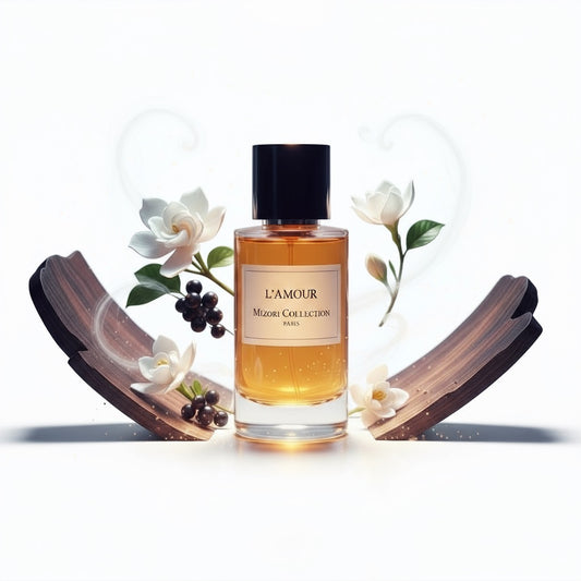 Luxe parfumfles van Mizori Collection L’Amour, elegante bloemig-houtachtige geur met roos, agarhout en warme houtnoten.