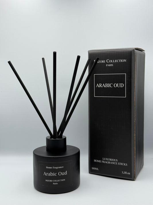 Mizori Collection Paris Arabic Oud home fragrance sticks in elegant box packaging, luxury diffuser with rich, exotic oud scent