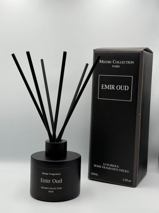 Mizori Collection Paris Emir Oud home fragrance sticks in elegant box packaging, luxury diffuser with rich, warm oud scent