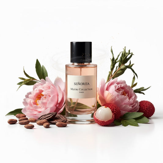Mizori Collection Senorita 50ml Eau de Parfum bottle on white background – feminine floral fruity fragrance