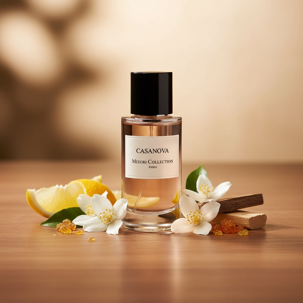 Casanova perfume by Mizori Collection Paris 50ml unisex Eau de Parfum with seductive woody, amber and spicy notes, elegant fragrance bottle with ingredients and effects