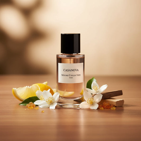Casanova perfume by Mizori Collection Paris 50ml unisex Eau de Parfum with seductive woody, amber and spicy notes, elegant fragrance bottle with ingredients and effects