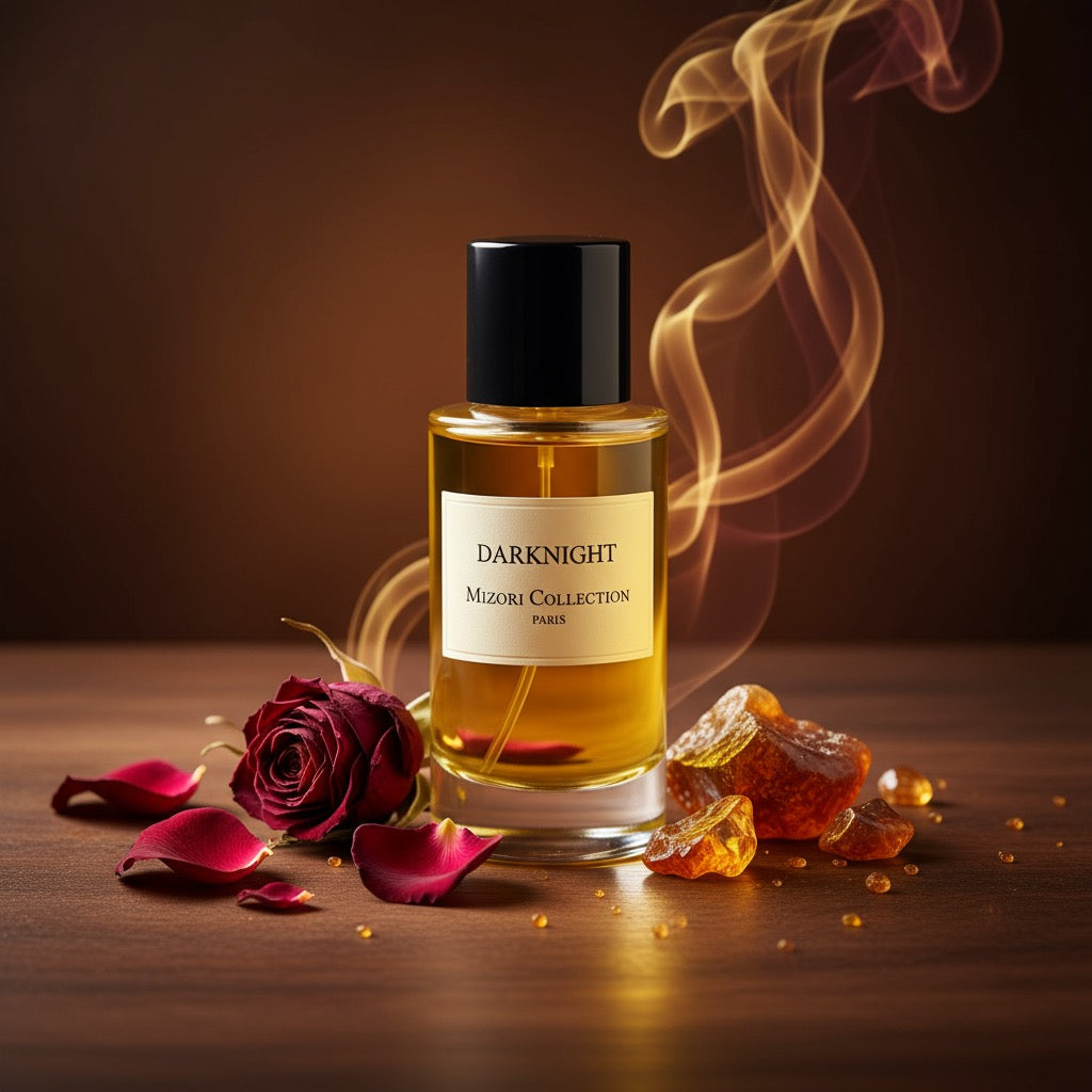 Darknight perfume by Mizori Collection Paris 50ml unisex Eau de Parfum with deep oriental, woody and amber notes, luxury fragrance bottle with ingredients and effects