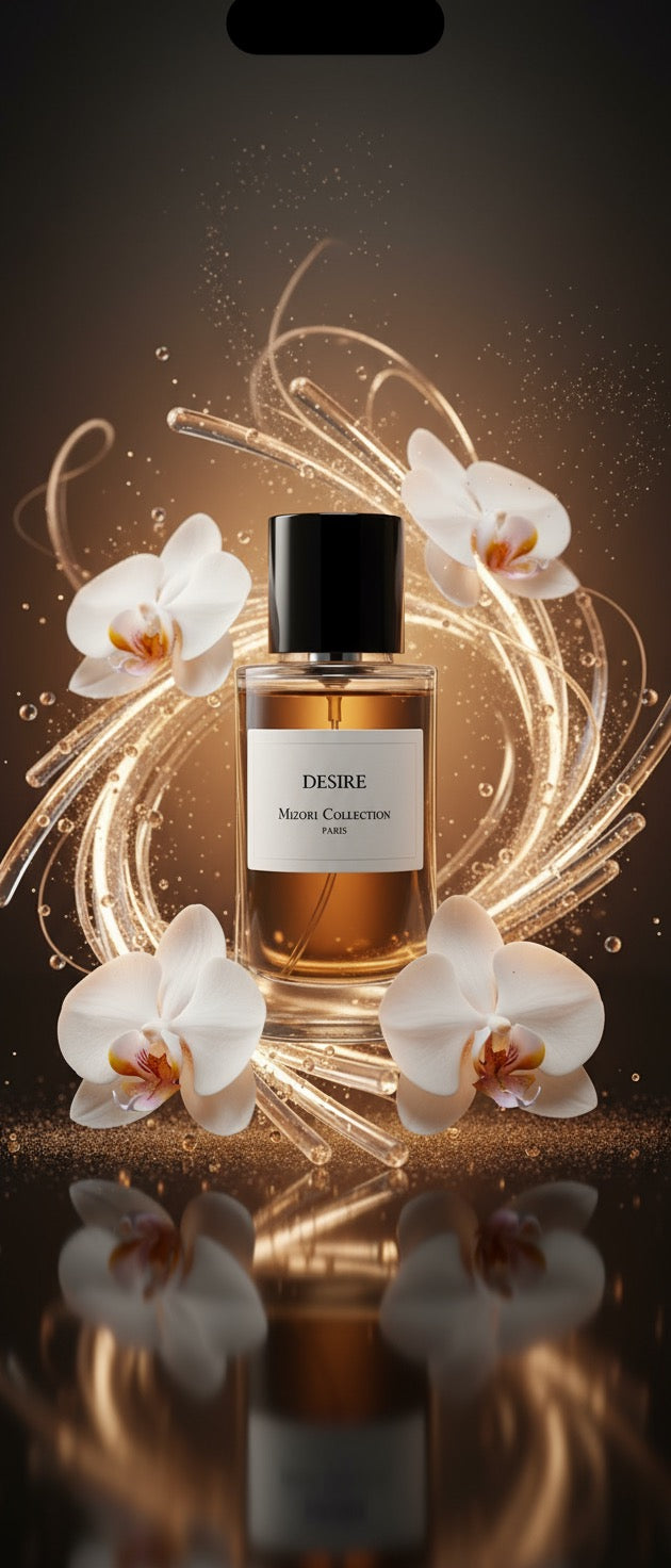 Desire perfume by Mizori Collection Paris 50ml unisex Eau de Parfum with sweet rose, sugar and woody notes, luxury fragrance bottle with elegant effects