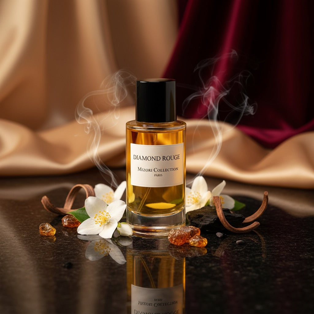 Diamond Rouge perfume by Mizori Collection Paris 50ml unisex Eau de Parfum with vibrant fruity, floral and amber notes, luxury fragrance bottle with ingredients and effects