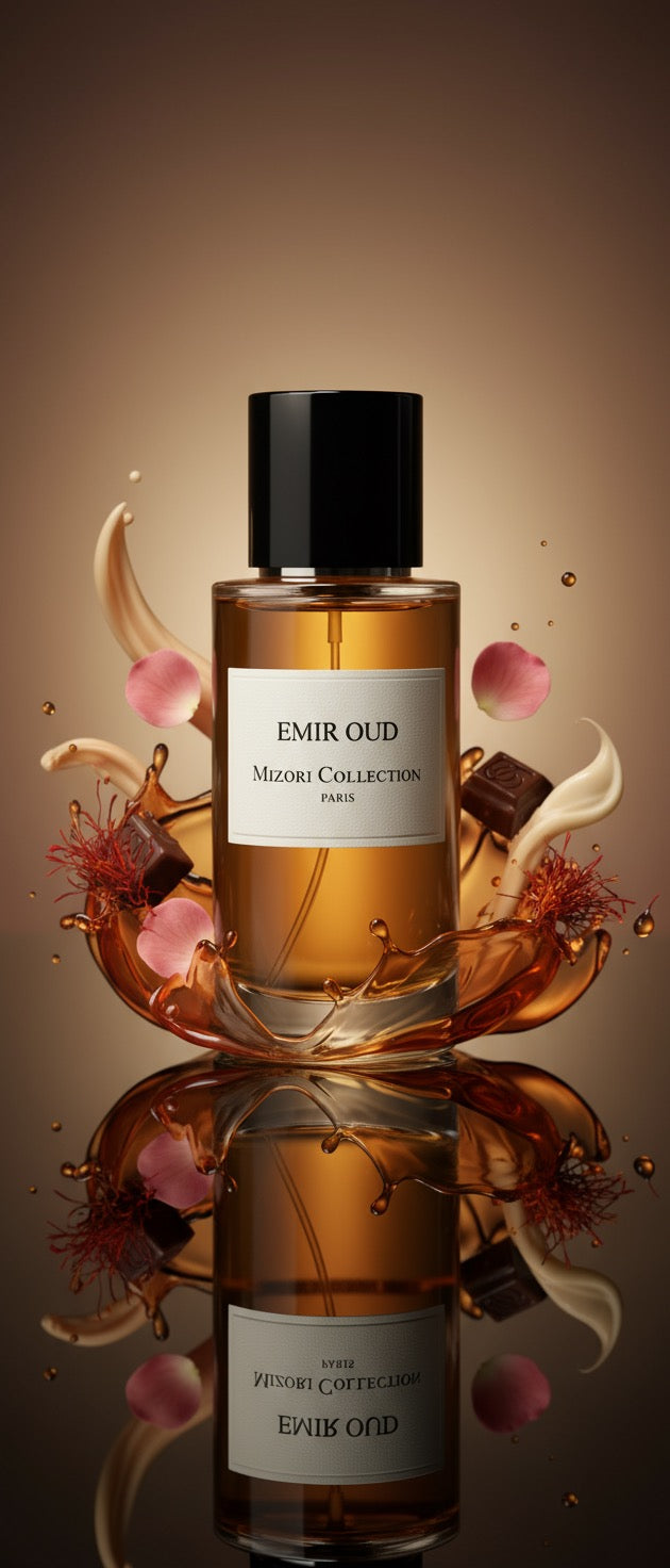 Emir Oud perfume by Mizori Collection Paris 50ml unisex Eau de Parfum with rich oud, smoky woods and warm amber notes, elegant fragrance bottle with ingredients and effects