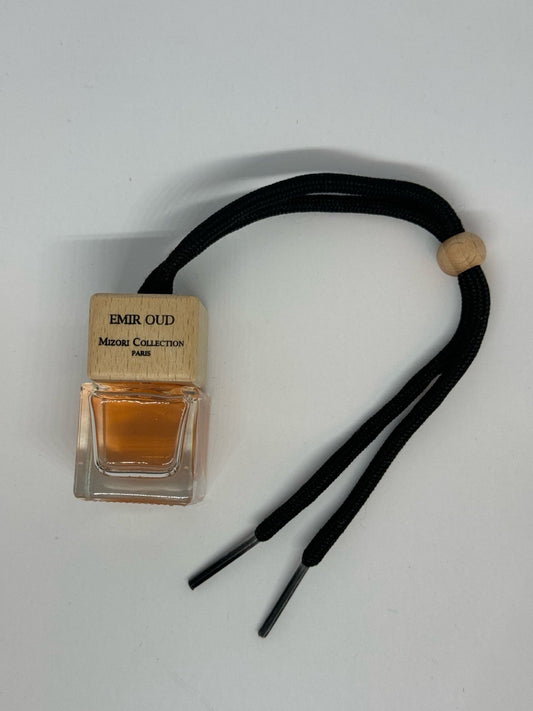 Mizori Collection Paris Emir Oud car perfume with hanging cord, luxury automotive fragrance for a rich, warm scent