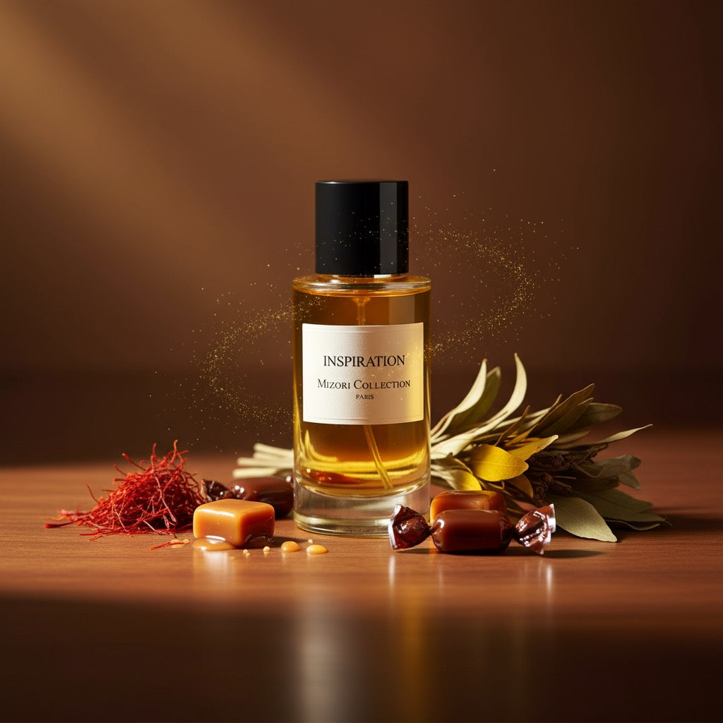 Inspiration perfume by Mizori Collection Paris 50ml unisex Eau de Parfum with fresh citrus, floral and woody notes, luxury fragrance bottle with ingredients and effects