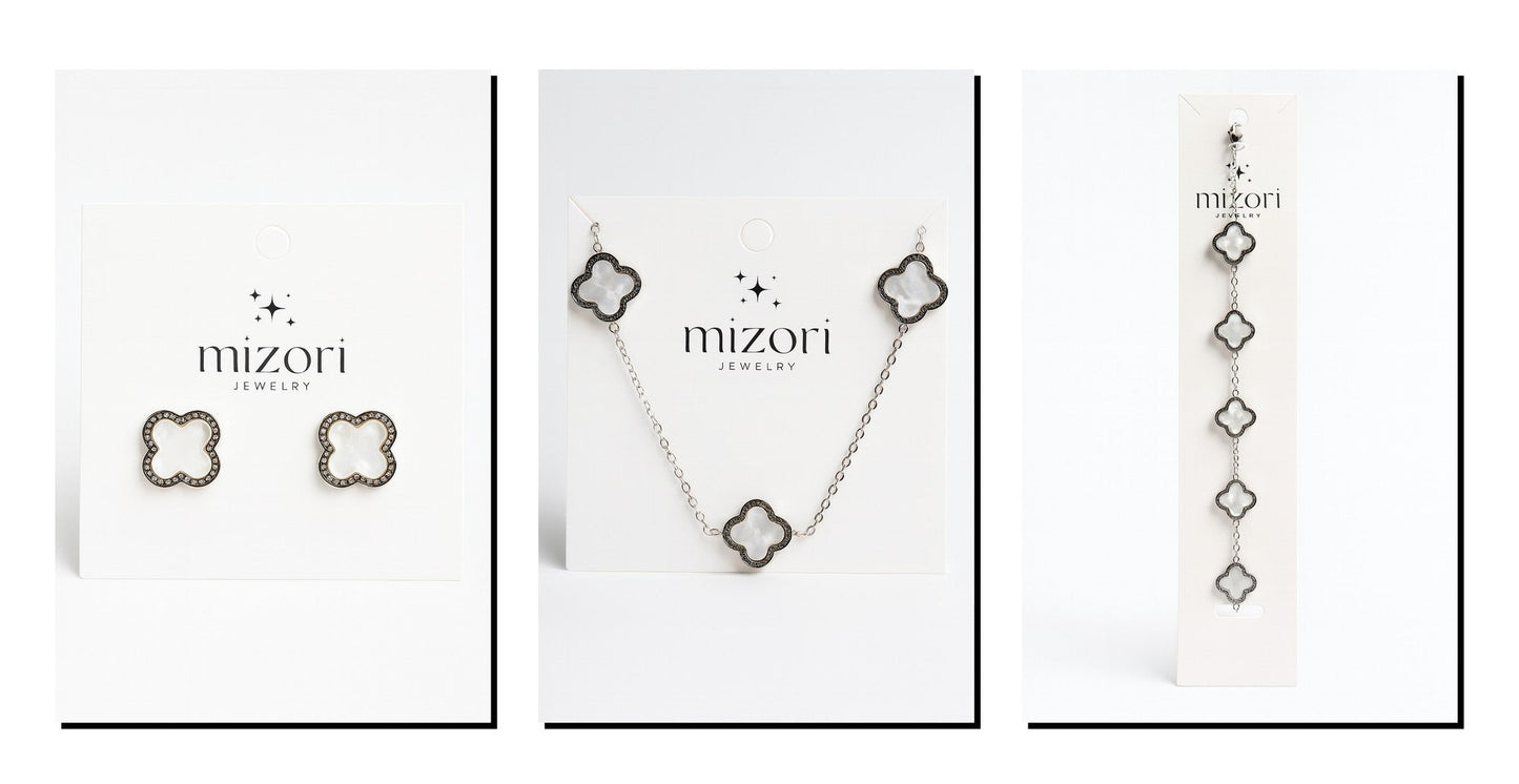 mizori jewelry stainless steel 13mm silver white clover necklace bracelet and earrings set