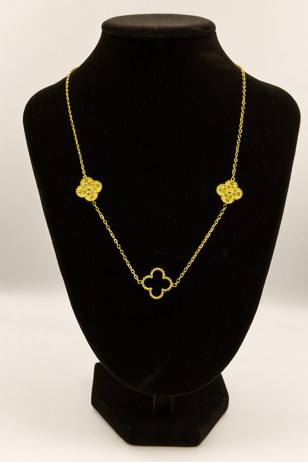 Mizori Jewelry stainless steel clover necklace in gold with crystals and 13mm black clover pendant, water resistant and tarnish free