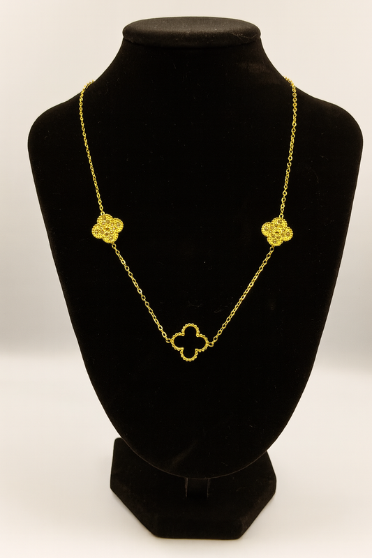 Mizori Jewelry stainless steel clover necklace in gold with crystals and 13mm black clover pendant, water resistant and tarnish free