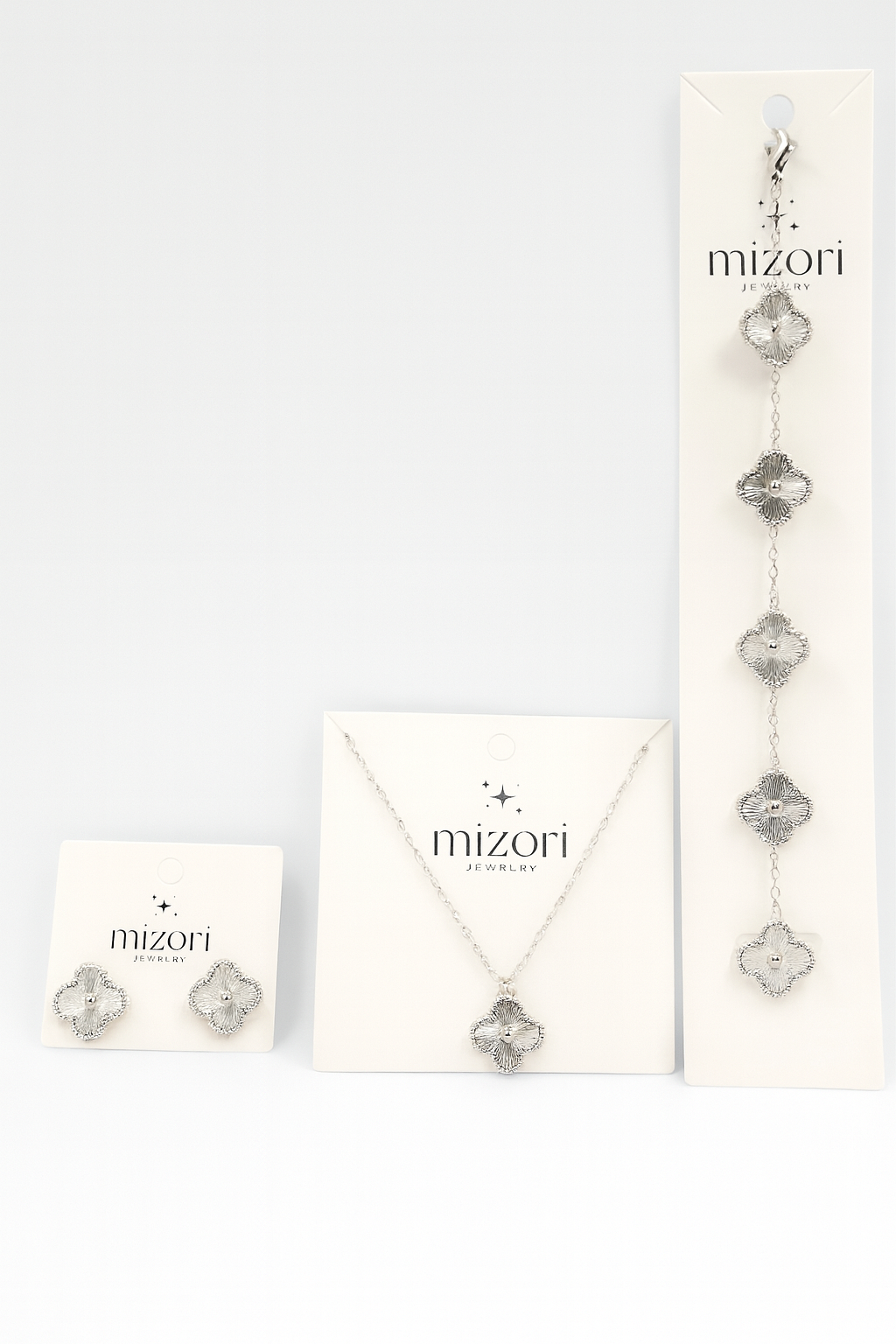 Mizori Jewelry stainless steel silver 13mm clover necklace, bracelet and earrings set
