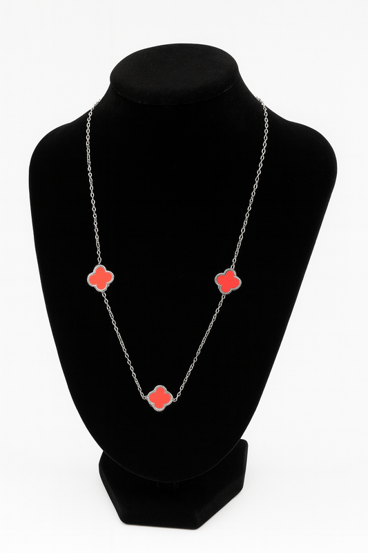 Mizori Jewelry stainless steel silver pink 13mm clover necklace on stand elegant water resistant fashion jewelry