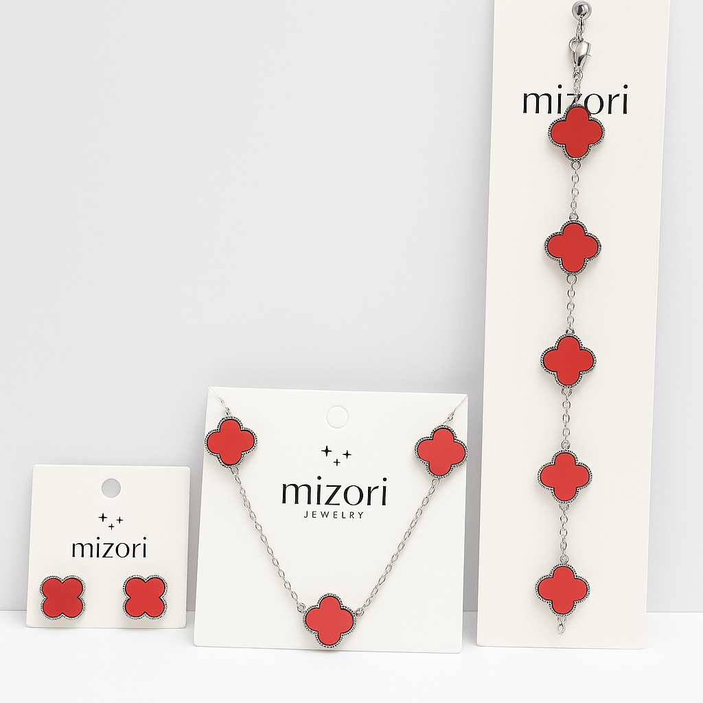 Mizori Jewelry stainless steel silver and pink clover set – 13mm necklace, earrings and bracelet, water resistant, tarnish proof