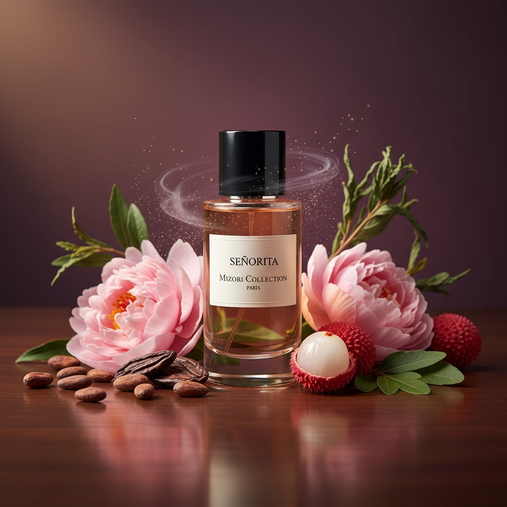 Senorita perfume by Mizori Collection Paris 50ml women’s Eau de Parfum with vibrant floral, fruity and sweet notes, elegant fragrance bottle with ingredients and effects