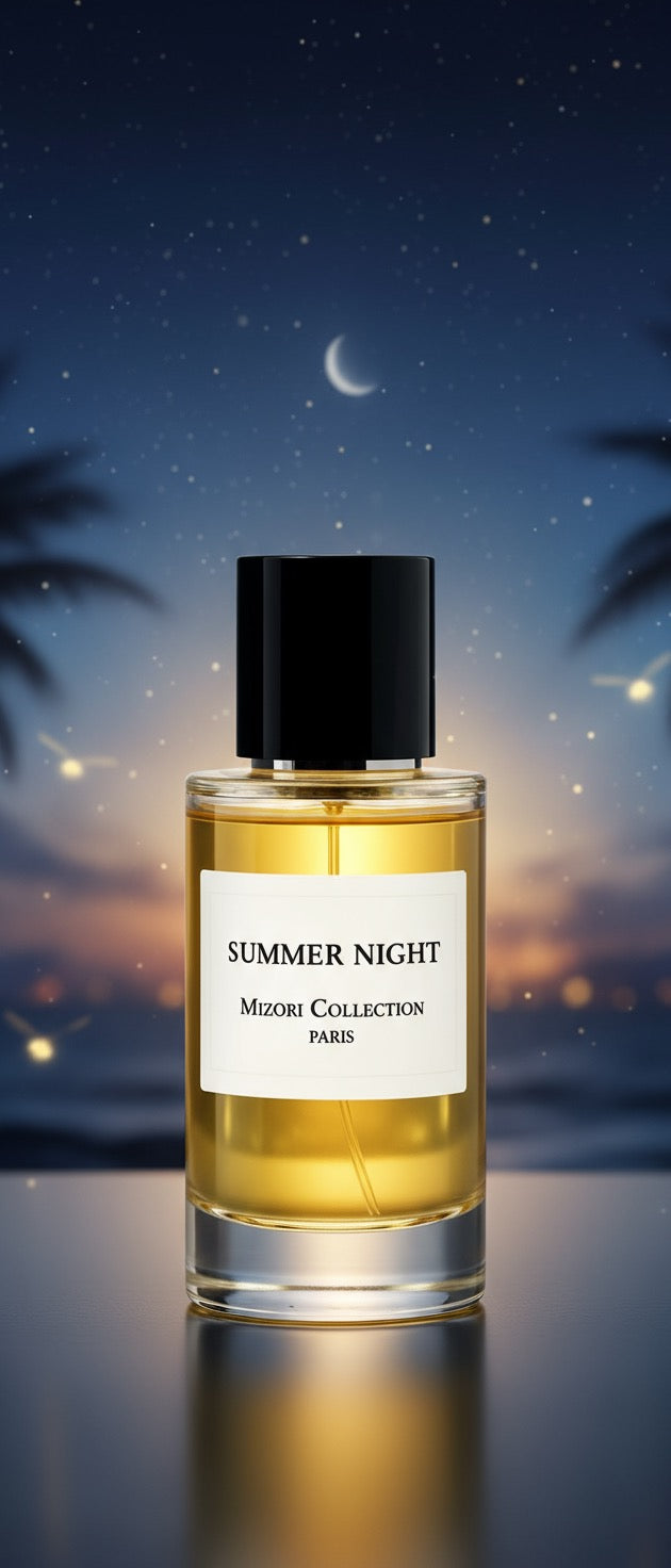 Summer Night perfume by Mizori Collection Paris 50ml unisex Eau de Parfum with fresh citrus, floral and woody notes, elegant fragrance bottle with summer vibes and effects
