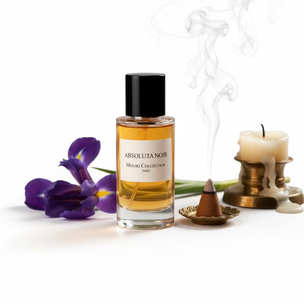 Mizori Collection Absoluta Noir 50ml Eau de Parfum bottle on white background – intense dark oriental fragrance