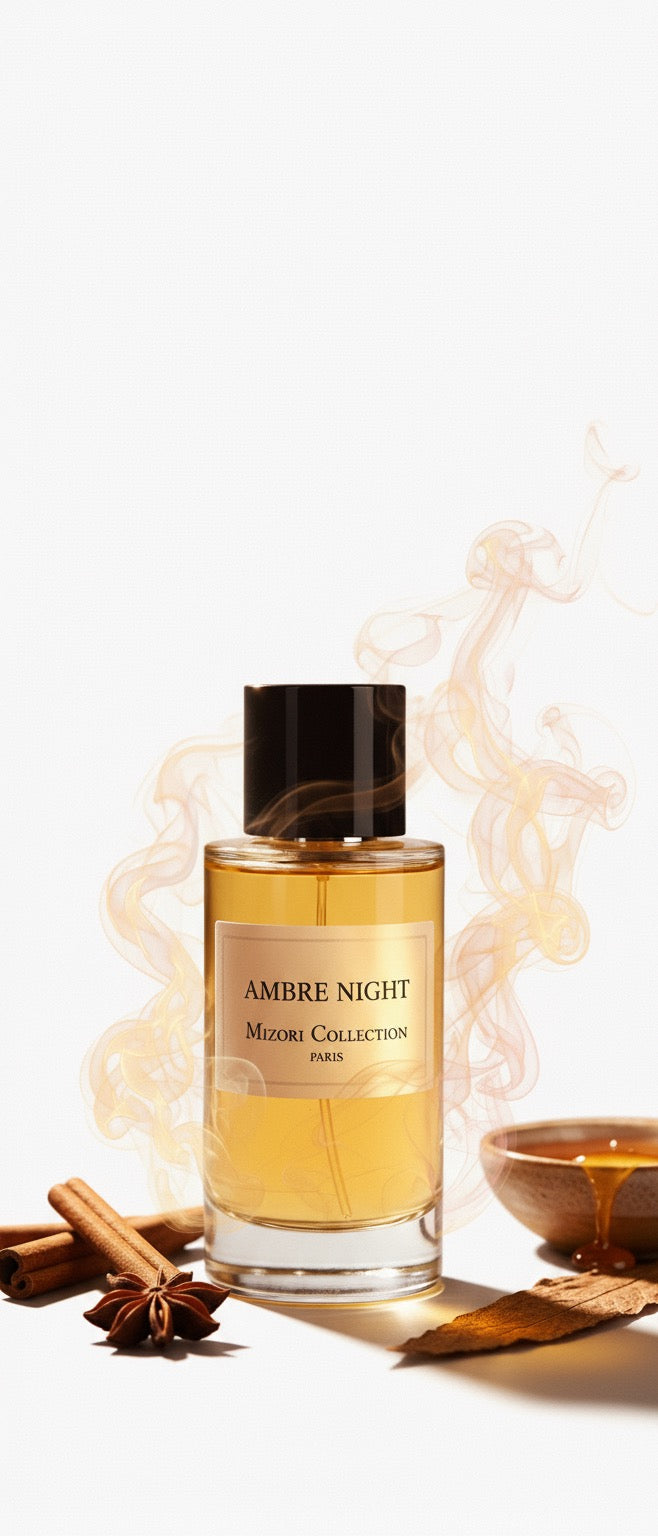 Mizori Collection Ambre Night 50ml Eau de Parfum bottle on white background – warm amber woody fragrance