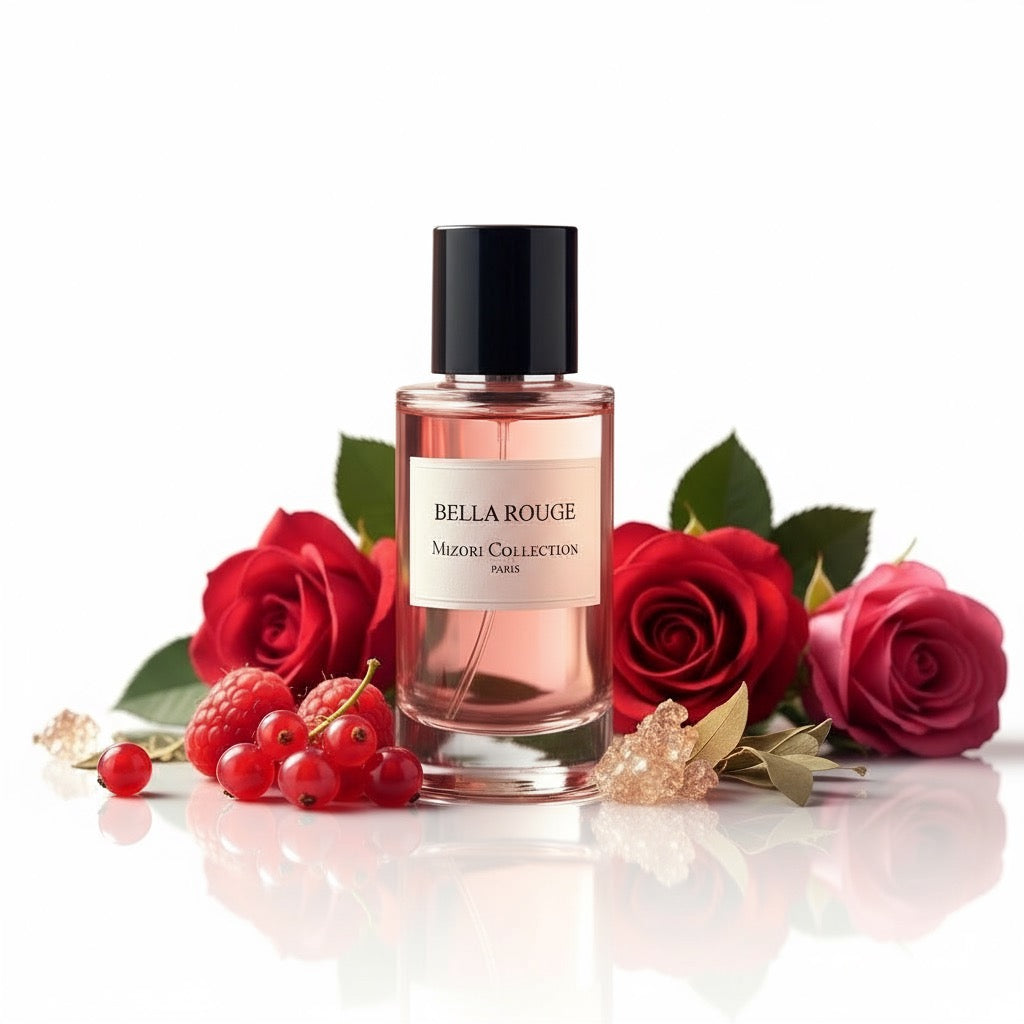 Mizori Collection Bella Rouge 50ml Eau de Parfum bottle on white background – feminine floral fruity fragrance