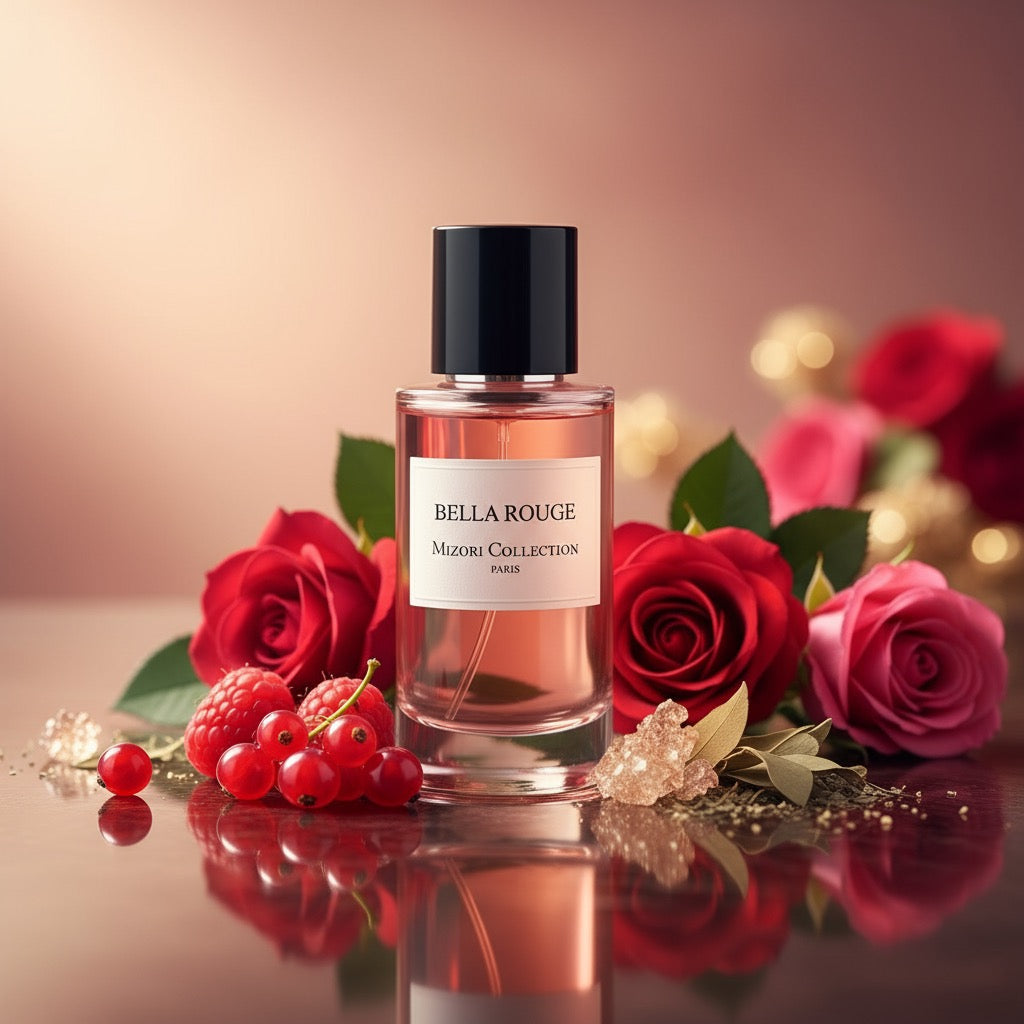 Bella Rouge perfume by Mizori Collection Paris 50ml women’s Eau de Parfum with elegant floral, fruity and musky notes, luxury fragrance bottle with ingredients and effects