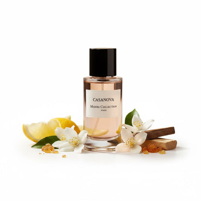 Mizori Collection Casanova 50ml Eau de Parfum bottle on white background – seductive masculine woody fragrance