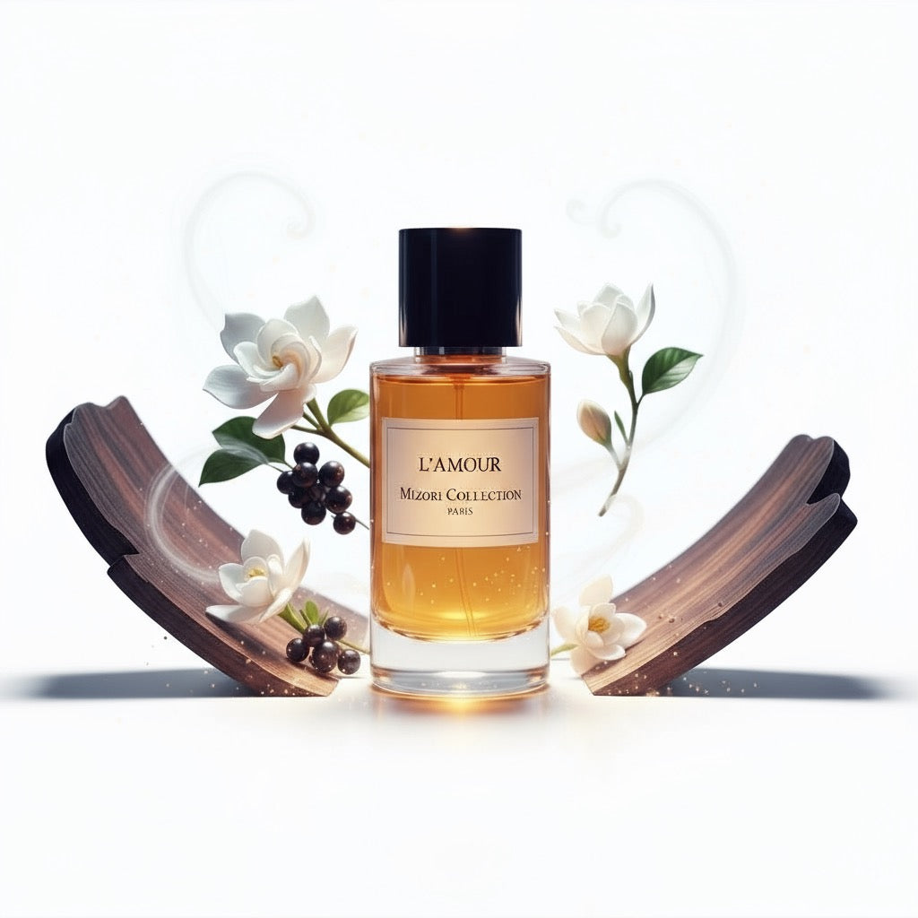 Luxe parfumfles van Mizori Collection L’Amour, elegante bloemig-houtachtige geur met roos, agarhout en warme houtnoten.
