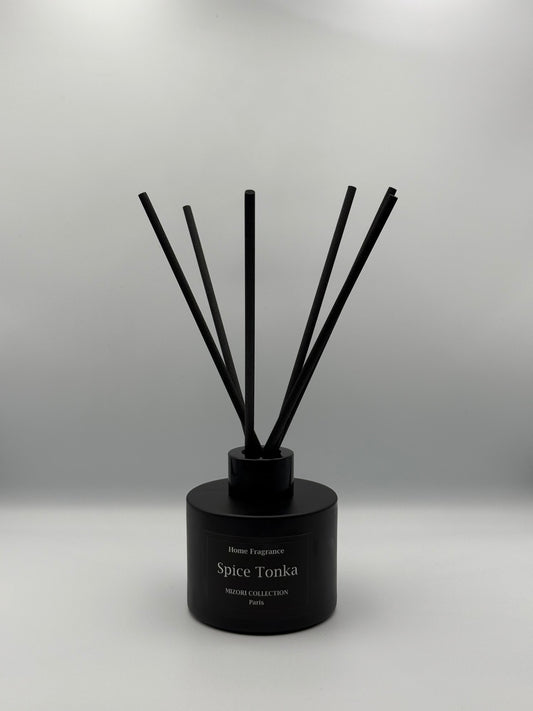 Mizori Collection Paris Spice Tonka luxurious home fragrance sticks, elegant diffuser adding warm, aromatic scent to any room.