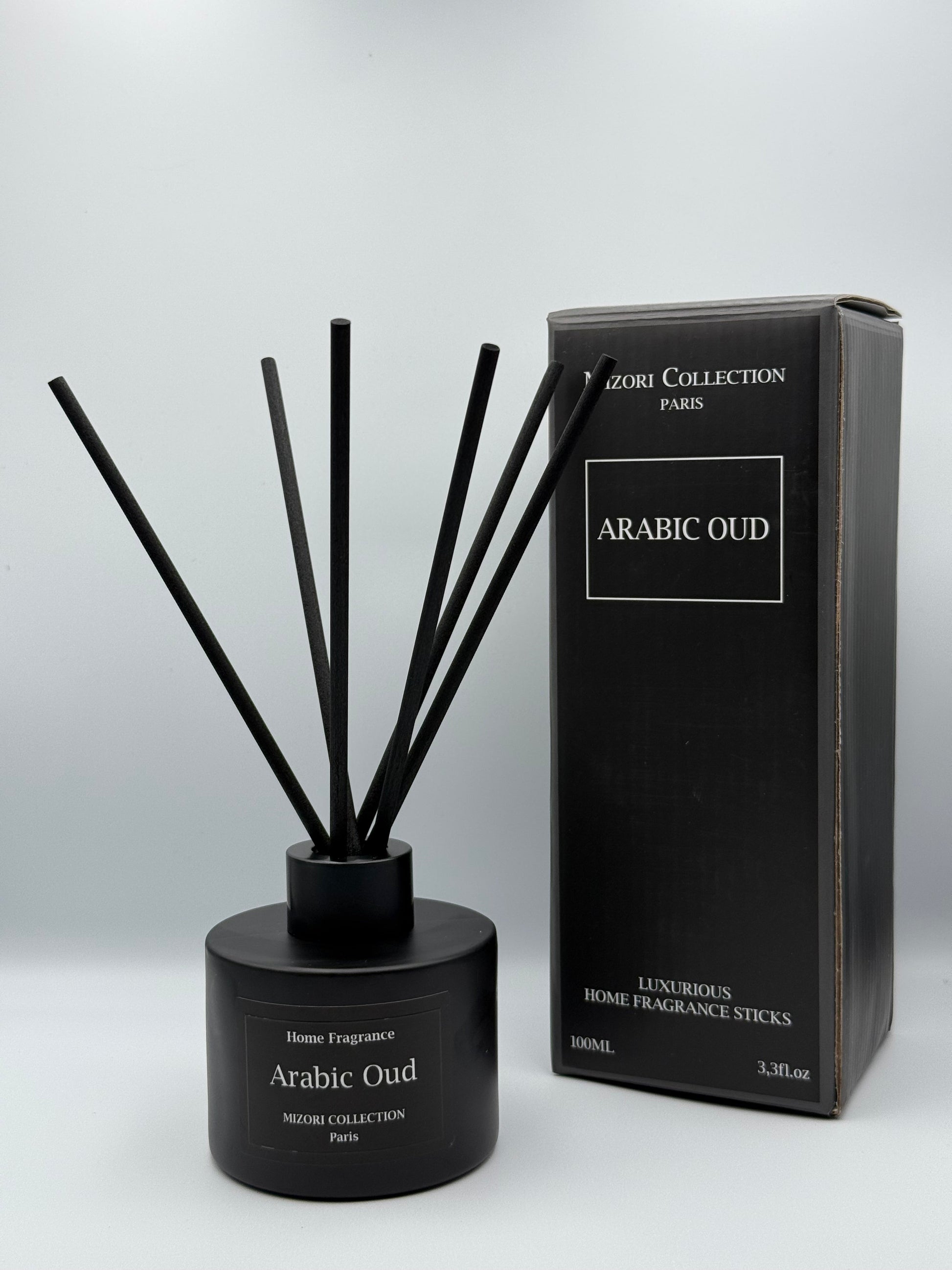 Mizori Collection Paris Arabic Oud home fragrance sticks in elegant box packaging, luxury diffuser with rich, exotic oud scent
