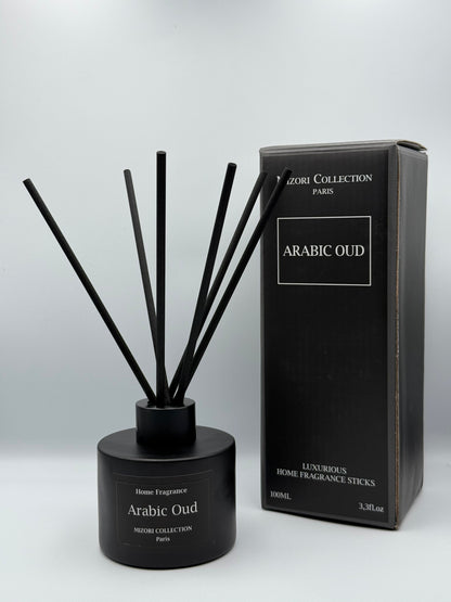 Mizori Collection Paris Arabic Oud home fragrance sticks in elegant box packaging, luxury diffuser with rich, exotic oud scent