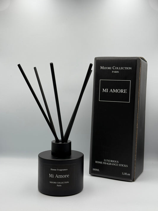 Mizori Collection Paris Mi Amore home fragrance sticks in elegant box packaging, luxury diffuser with romantic, warm floral scent