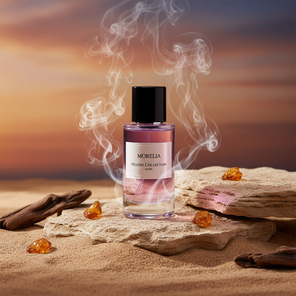 Morelia perfume by Mizori Collection Paris 50ml unisex Eau de Parfum with elegant floral, woody and amber notes, luxury fragrance bottle with ingredients and effects