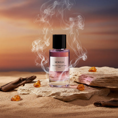Morelia perfume by Mizori Collection Paris 50ml unisex Eau de Parfum with elegant floral, woody and amber notes, luxury fragrance bottle with ingredients and effects