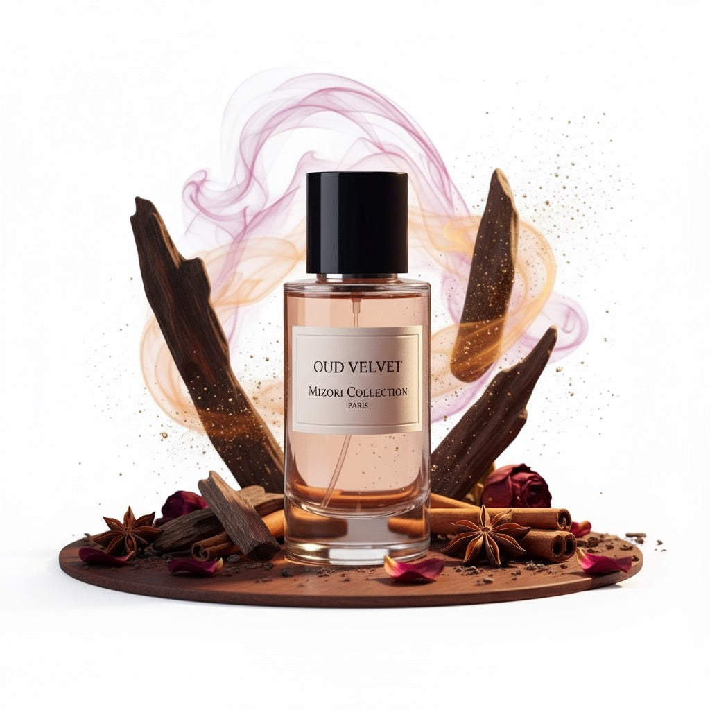 Mizori Collection Oud Velvet 50ml Eau de Parfum bottle on white background – luxurious oud and velvet fragrance