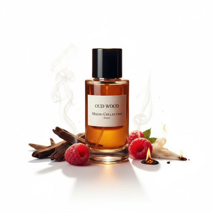 Mizori Collection Oud Wood 50ml Eau de Parfum bottle on white background – classic woody oriental oud fragrance unisex