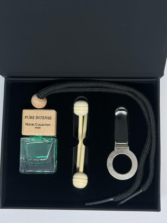 Mizori Collection Paris Pure Intense car perfume in black with hanging cord, luxury automotive fragrance in elegant packaging