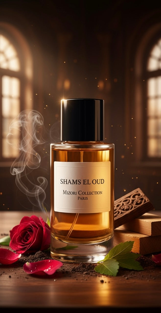 Shams El Oud perfume by Mizori Collection Paris 50ml unisex Eau de Parfum with rich oud, amber and woody ingredients, luxury oriental fragrance bottle