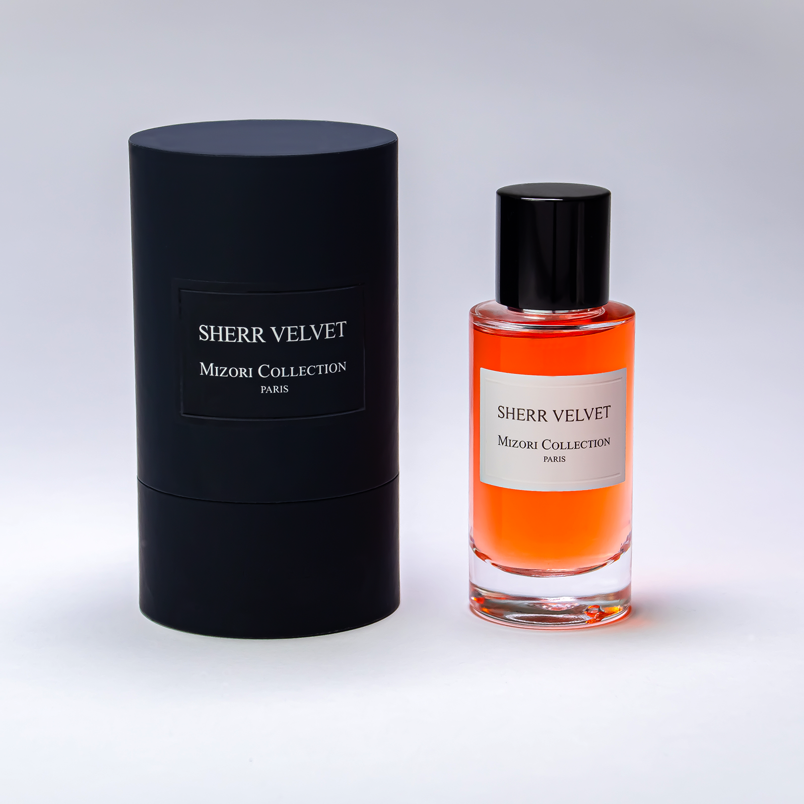 sherr Velvet 50ML Eau De Parfum with packaging – Elegant unisex fragrance featuring amber, vanilla, and soft florals in a luxurious Mizori Collection Paris box.