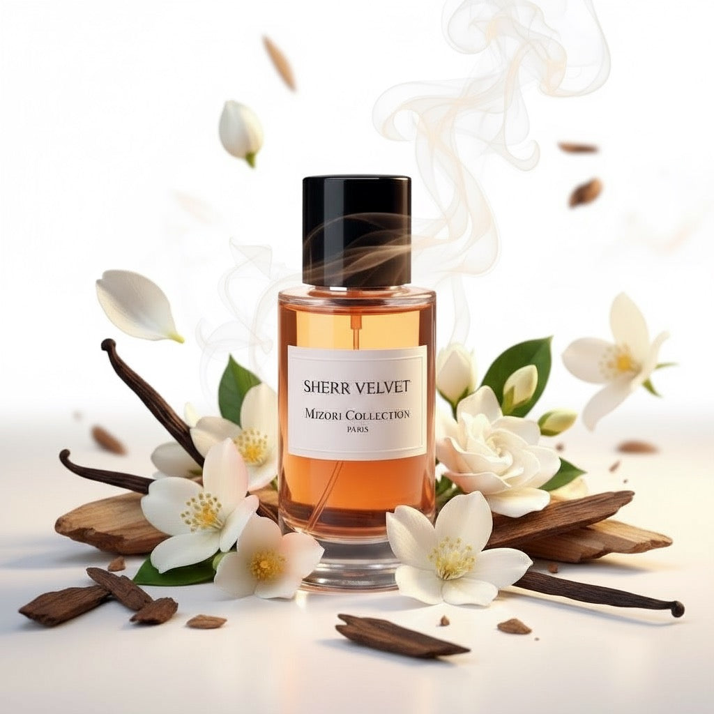Mizori Collection Sherr Velvet 50ml Eau de Parfum bottle on white background – elegant oriental floral fragrance for women