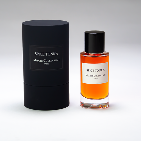 spice Tonka 50ML Eau De Parfum by Mizori Collection with box – Elegant unisex fragrance featuring rich tonka bean, warm spices, and vanilla in luxurious packaging.