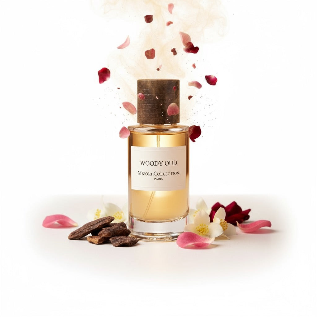 Mizori Collection Woody Oud 50ml Eau de Parfum bottle on white background – intense woody oriental fragrance