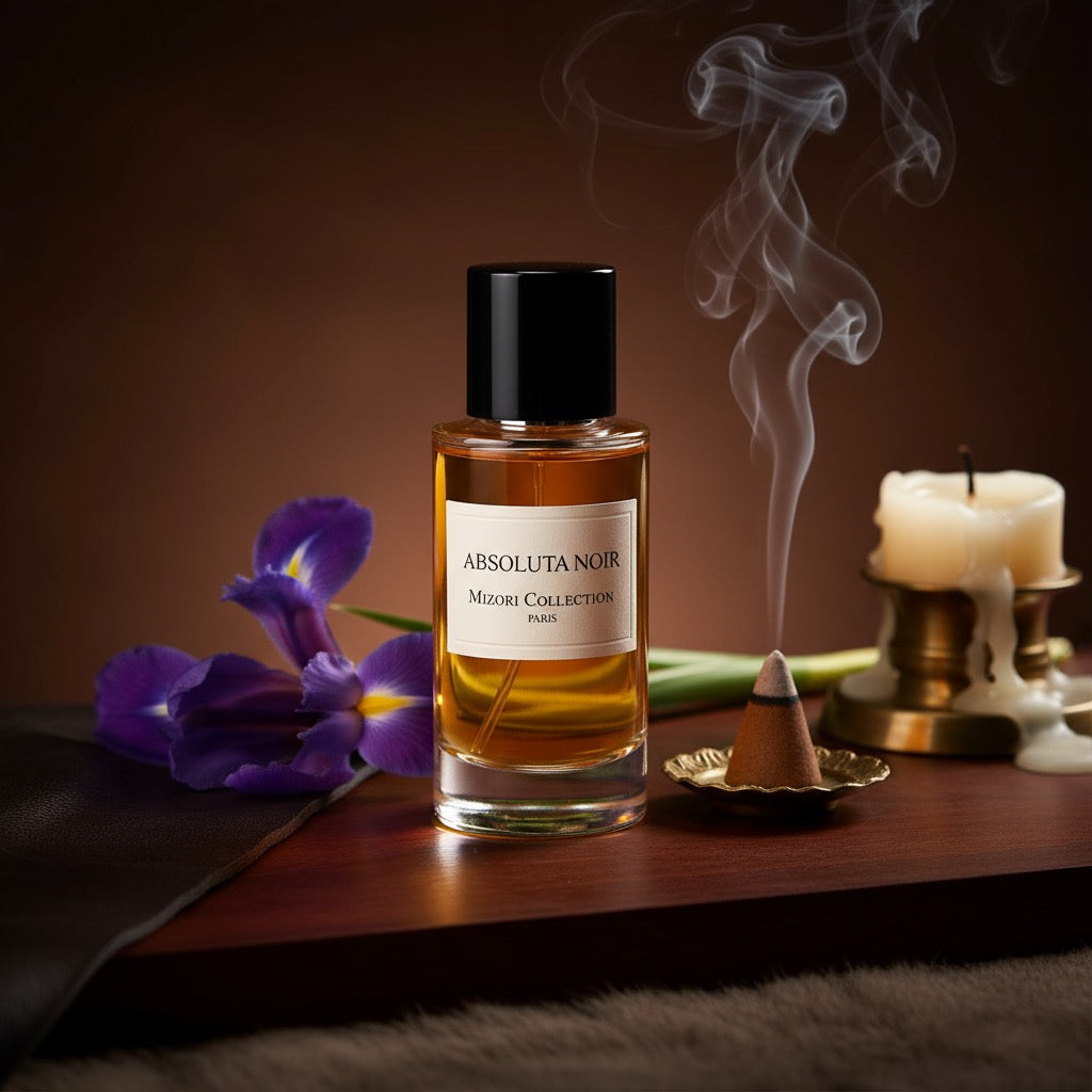 Absoluta Noir perfume by Mizori Collection Paris 50ml unisex Eau de Parfum with dark woody, amber and spicy notes, luxury fragrance bottle with ingredients and effects