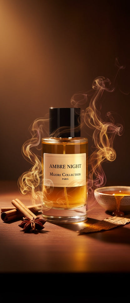 Ambre Night perfume by Mizori Collection Paris 50ml unisex Eau de Parfum with warm amber, spicy and woody ingredients, elegant fragrance bottle with effects