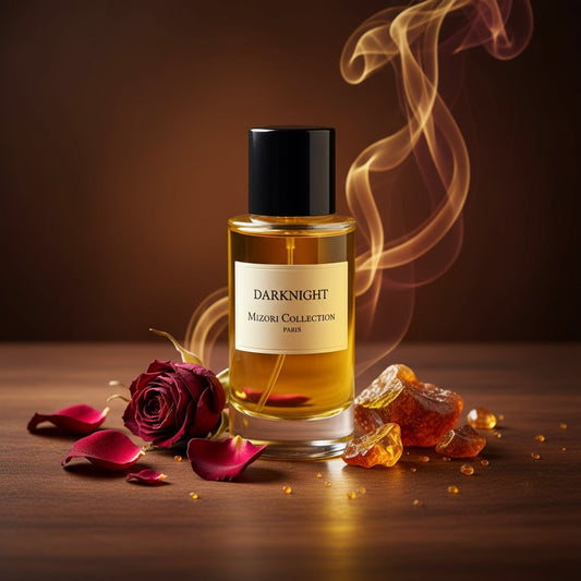 Darknight perfume by Mizori Collection Paris 50ml unisex Eau de Parfum with deep oriental, woody and amber notes, luxury fragrance bottle with ingredients and effects