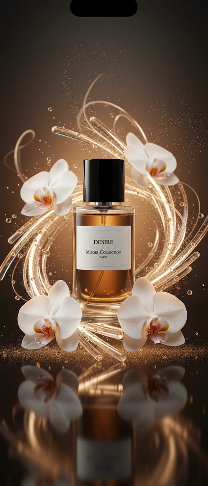 Desire perfume by Mizori Collection Paris 50ml unisex Eau de Parfum with sweet rose, sugar and woody notes, luxury fragrance bottle with elegant effects