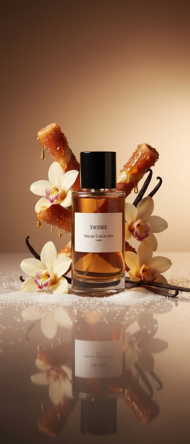 Desire perfume by Mizori Collection Paris 50ml unisex Eau de Parfum with sensual floral and woody notes sweet perfume, elegant fragrance bottle with ingredients and effects
