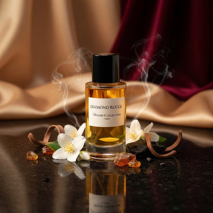 Diamond Rouge perfume by Mizori Collection Paris 50ml  unisex Eau de Parfum with vibrant fruity, floral and amber notes, luxury fragrance bottle with ingredients and effects