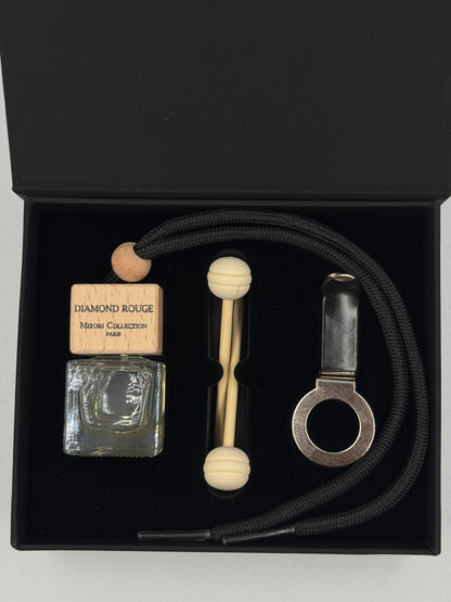 Diamond Rouge Mizori Collection Paris car perfume in a gift box with fragrance sticks, luxury automotive air freshener.