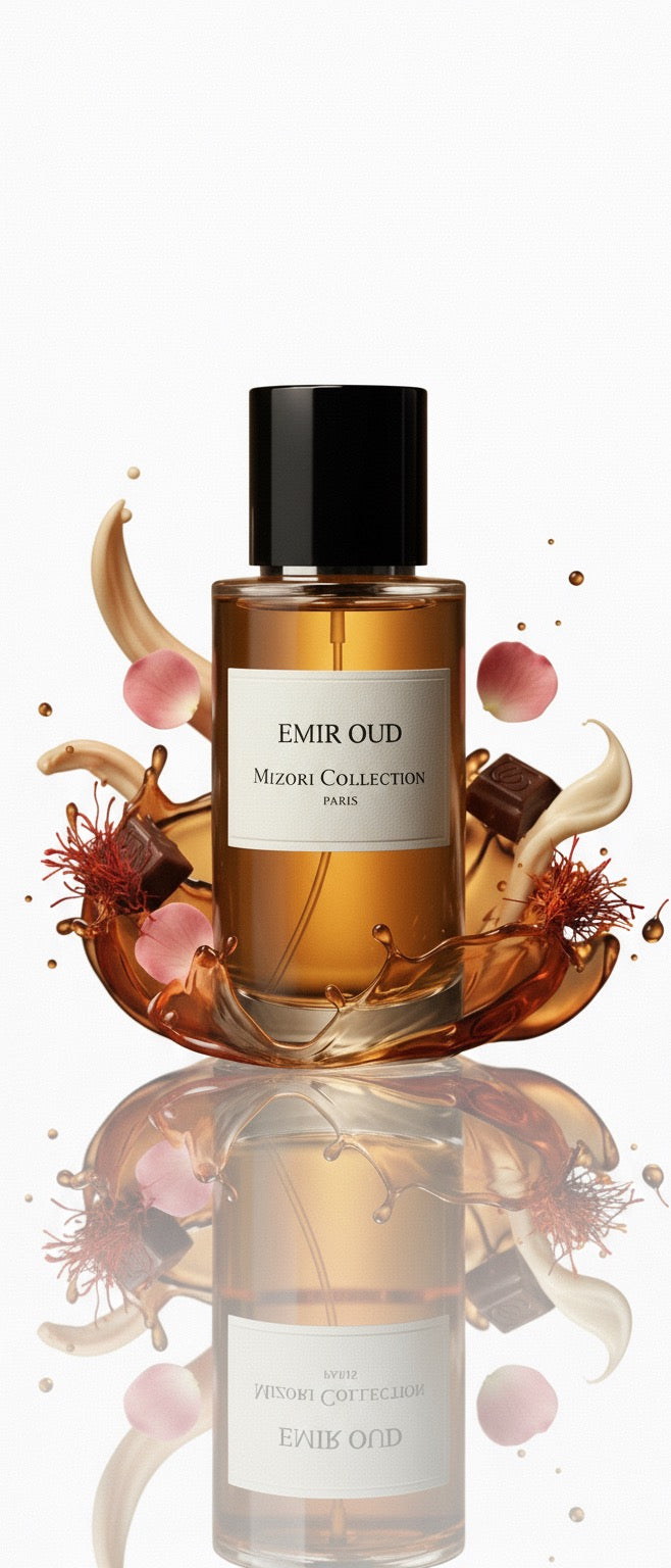 Mizori Collection Emir Oud 50ml Eau de Parfum bottle on white background – luxurious oriental oud fragrance
