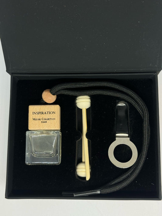 Mizori Collection Paris Inspiration car perfume in black with hanging cord, luxury automotive fragrance in elegant packaging